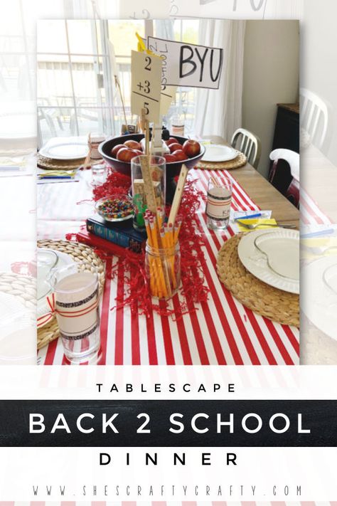 Pin of Back to School Dinner and Tablescape Ideas Back To School Dinner Theme, Back To School Tablescape, Back To School Table Decorations, Back To School Dinner Party, Tablescape Themes, Back To School Dinner Ideas, Supper Club Theme, Back To School Dinner, School Traditions