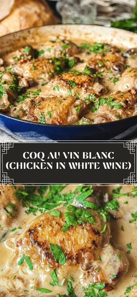 White Wine Coq Au Vin Country Living, Quick Coq Au Vin, Chicken Stew White Wine, French Chicken Recipes Coq Au Vin, White Wine Coq Au Vin, Coq Au Vin Recipe White Wines, White Wine Roasted Chicken, Chicken Coco Vin, Creamy Chicken Stew Food And Wine