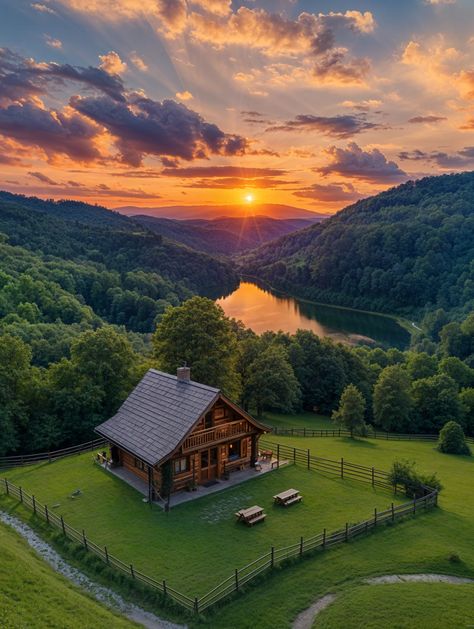 Sunset Serenity in the Valley Medieval Life, Beautiful Farm, Cabin Living, Western Homes, House Plants Decor, Cozy Cabin, Water Views, Log Homes, Plant Decor