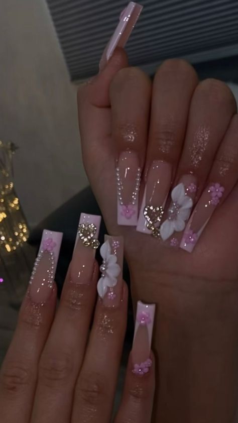 Cute Nails For 15 Birthday, Acrylic Nails Princess, J Initial Tattoo With Heart, Light Pink Birthday Nails, Nails Acrylic With Gems, Sweet Sixteen Nails, Sweet 16 Nails Acrylic, Pink Quinceanera Nails, Pink Quince Nails