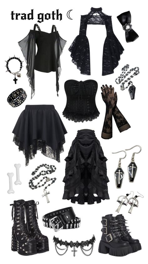 traditional goth outfit ,, Goth Halloween Outfit, Goth Types Chart, Different Goth Aesthetics, 2000 Goth Fashion, Romantic Goth Outfit Ideas, Goth Fantasy Outfit, Goth Outfits Inspiration, Trad Goth Outfit Ideas, Traditional Goth Outfits