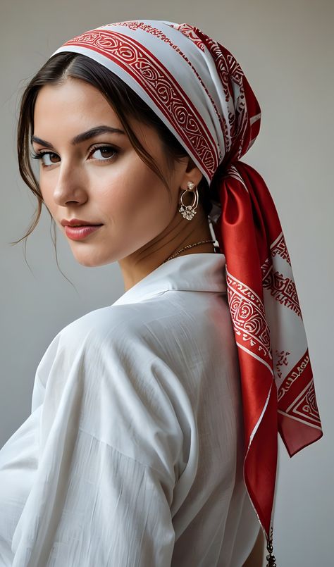 Scarf Portrait Photography, Moroccan Head Scarf, Scarf Photography Ideas, Head Scarf Aesthetic, Head Scarf Fashion, Headscarf Styles, Head Scarf Outfit, Vintage Head Scarf, Woman Turban