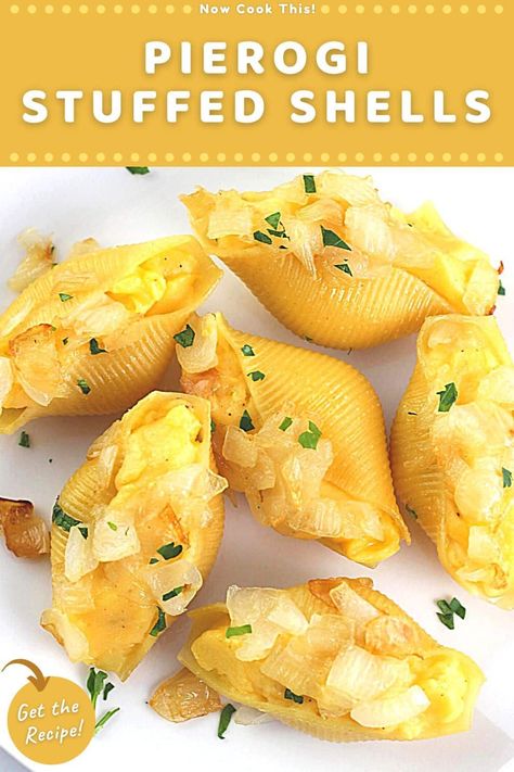 These easy stuffed pierogi shells (also called lazy pierogi) have all the delicious flavor of homemade pierogi but without all the fuss of making dough. Jumbo pasta shells are cooked and filled with cheesy mashed potatoes, topped with buttery sautéed onions, and then baked in the oven for a meatless dish that's sure to be a hit! Get the recipe and try them!