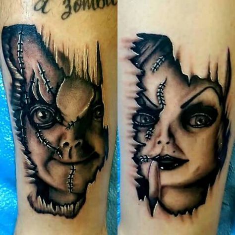 Couple Tattoos of Chucky and Tiffany Tiffany Tattoo, Skull Couple Tattoo, Chucky Tattoo, Chucky And Tiffany, Harley Tattoos, Horror Tattoos, Horror Movie Tattoos, Skull Girl Tattoo, Cute Couple Tattoos