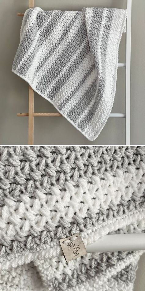 Barnet Blanket Yarn Patterns, Grey Baby Blanket Crochet, Gray And White Crochet Blanket, White And Grey Crochet Blanket, Crochet White Blanket, Crochet Blanket No Holes, Grey And White Crochet Blanket, Crochet Name Blanket, Farmhouse Crochet Blanket