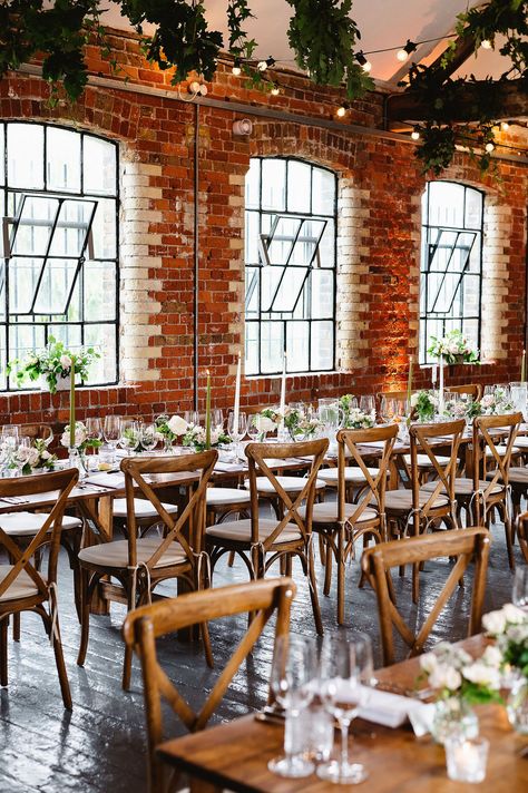 Wedding With Brick Walls, Brick Wedding Venue Decor, Draping Wedding Reception, Exposed Brick Wedding, Industrial Brick Wall, Wedding Venue Industrial, Brick Wedding Venue, Wedding Warehouse, Industrial Brick