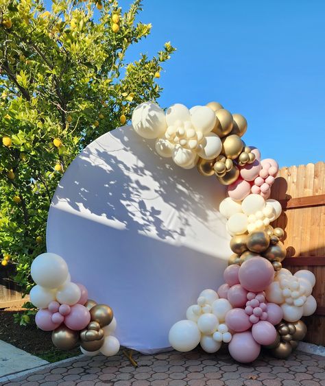 Round Photo Backdrop With Balloons, Ballon Garland Circle Backdrop, Balloon Arch On Round Stand, Circle Arch Backdrop Birthday, Round Background Birthday Decor, Circle And Arch Backdrop, Farmhouse Balloon Garland, Pastel Balloon Garland Backdrop, Round Party Backdrop