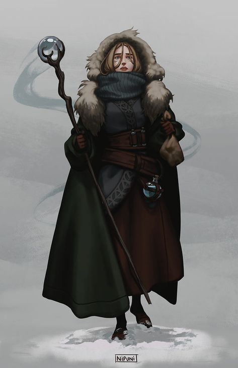 Questing in Sahrnia by nipuni on DeviantArt A Staff, Desen Anime, Dnd Art, Fantasy Rpg, Winter Clothing, Fantasy Inspiration, Medieval Fantasy, Dragon Age, Fantasy Clothing