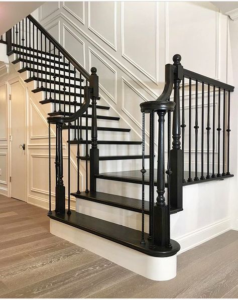 The contrast between the light hardwood floors and pure white walls make the dark black staircase stand out beautifully Black And White Staircase, Stained Staircase, Black Painted Stairs, Dark Staircase, Black Stair Railing, Black And White Stairs, Black Staircase, Stairs Renovation, White Staircase