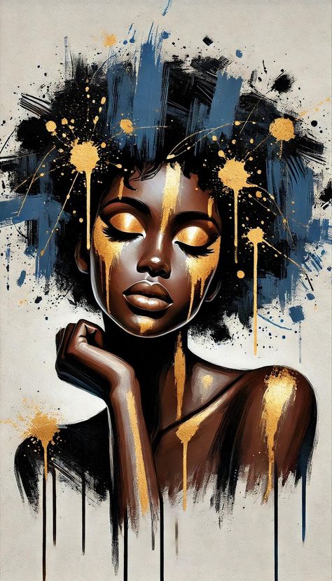 Elevate your space with this captivating digital download of an abstract painting featuring a stunning Black woman adorned with gold paint splashes. This artwork symbolizes strength, beauty, and elegance, blending rich dark tones with vibrant gold accents that draw attention to the intricate details of her serene expression. The ethereal combination of gold and blue brushstrokes surrounding her creates a halo-like effect, adding a divine, otherworldly feel to the piece. This high-quality digital Black People Paintings, Black Women Art Goddesses, Black Artwork Inspiration, Black Woman Art Drawings, Black Women Paintings, African Lady Painting, Black Afro Art, Black Artists Artworks, African Portraits Art