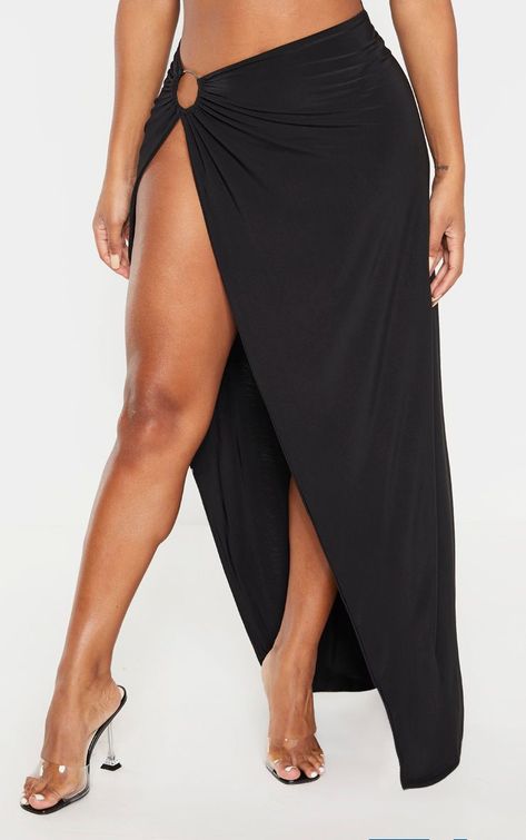 Shape Black Ring Detail Split Maxi Skirt Split Maxi Skirt, Biker Shorts Outfit, Bandeau Crop Top, Split Legs, Split Skirt, Black Ring, Clear Heels, Insta Makeup, Black Rings