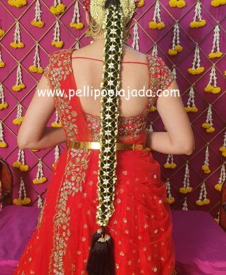 Pelli Poola Jada | Shop Pelli Poola Jada, South Indian Wedding Hairstyles, Poola Jada, Bridal Hair Decorations, Bridal Hairstyle Indian Wedding, Hair Style On Saree, Wedding Flower Jewelry, Flower Garland Wedding, Bridal Hairdo