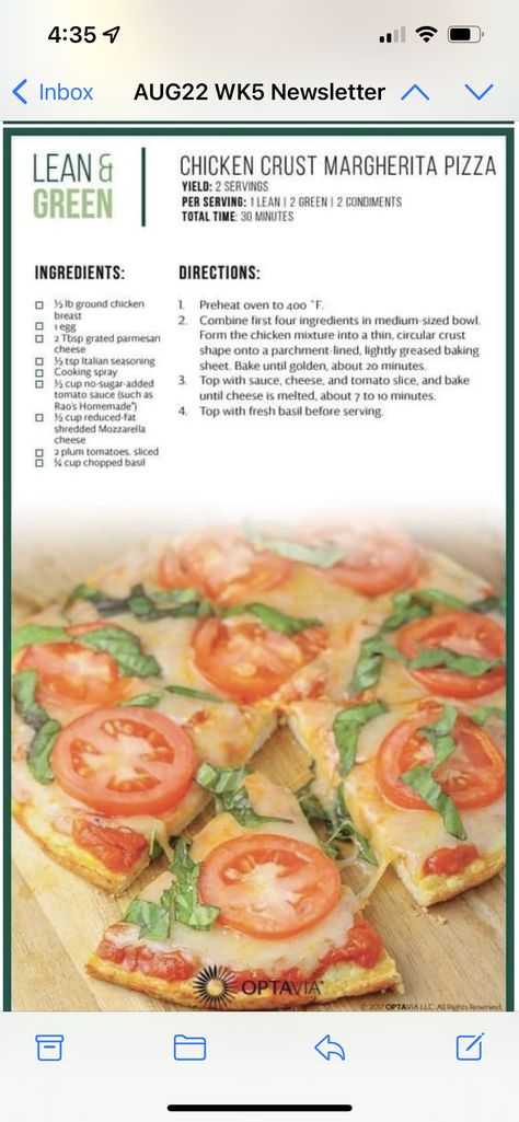 Low Carb Diet Meal Plan, Chicken Crust, Chicken Crust Pizza, Margarita Pizza, Lean Chicken, Lean And Green, Ground Chicken Recipes, Baked Tomatoes, Lean Meals