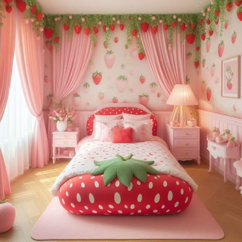 Strawberry Shortcake Bedroom Ideas, Strawberry Shortcake Room Decor, Cherry Room Aesthetic, Strawberry Shortcake Bedroom, Strawberry Shortcake Room, Hippie Rooms, Strawberry Bedroom, Strawberry Room, Strawberry House