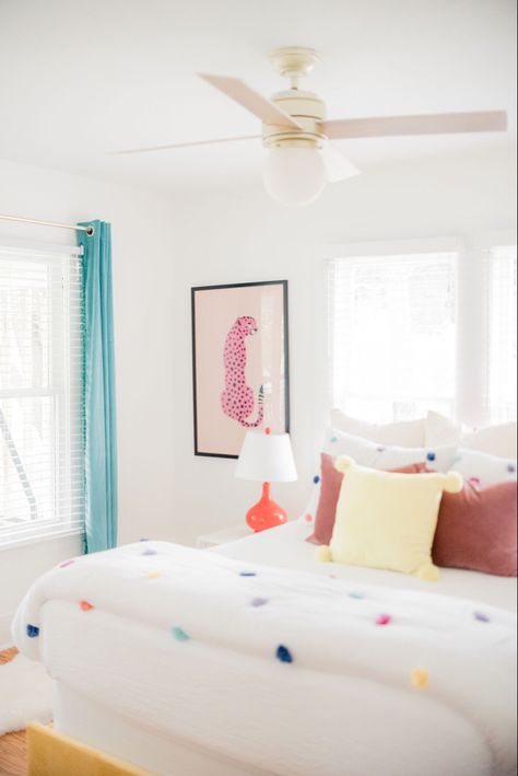 Colorful bedroom 
Airbnb 
Rental property 
Fredericksburg Bedroom With Colorful Accents, Fun Colorful Bedroom, White And Colorful Bedroom, White Bedding With Pops Of Color, Bright Color Bedroom Ideas, Bright Bedroom Decor, Bright Bedroom Colors, Minimal Bedroom Ideas, Brighter Bedroom