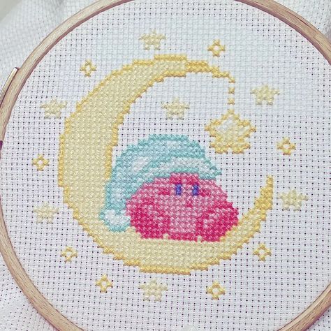 Kirby - Cross Stitch WIP. 🥰 #crossstitch #crossstitchpattern #craft #kirby #pixel #pixelart #retro #moon #pretty #love Kirby Cross Stitch Pattern, Kirby Cross Stitch, Retro Moon, Pretty Cross Stitch, Stitching Ideas, Stitch Ideas, Pixel Art Pattern, Stitch Art, Perler Patterns