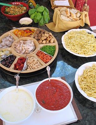 How to Host Your Own Pasta Bar | Big Red Kitchen - a regular gathering of distinguished guests Nacho Bar Party, Party Food Bars, Party Food Bar, Nacho Bar, Pasta Party, Food Bars, Pasta Bar, Food Pasta, Food Stations