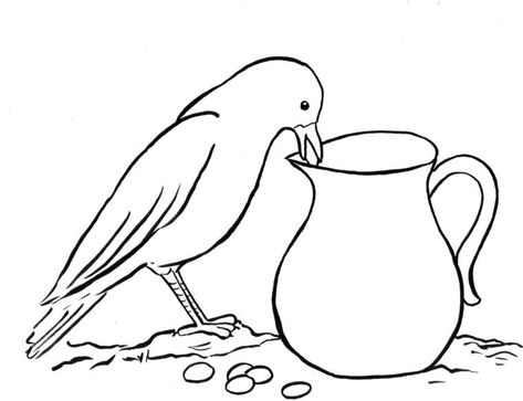 Pitcher Drawing, The Crow And The Pitcher, Bird Drawing For Kids, Thirsty Crow, Crow Drawing, Crows Drawing, Homeschool Projects, Drawing Step By Step, Crow Bird