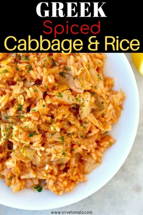 Vegan Cabbage Meals, Riced Cabbage Recipes, Recipes Using Vigo Yellow Rice, Greek Cabbage Recipes, Mediterranean Recipes Vegetables, Greek Cabbage Rice, Mediterranean Diet Cabbage Recipes, Cabbage Sides Recipes, Cabbage And Tomato Recipes