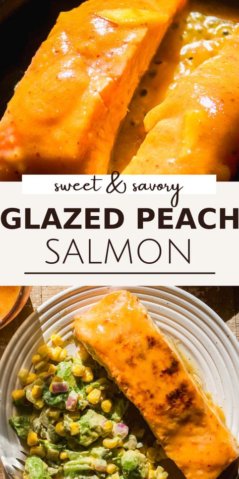 Glazed peach salmon features flakey cooked salmon filets that have been both marinated and topped with a sweet, sticky peach sauce. Cooked in a single skillet and ready in minutes, it’s the perfect dinner for elevated weeknights or special occasions! Peach Glazed Salmon, Peach Salmon Recipe, Tilapia Sauce, Salmon Skillet, Teriyaki Glazed Salmon, Seafood Delight, Glazed Peaches, Mango Salsa Salmon, Peach Sauce