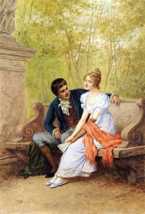 Rajumanna Sitting On A Bench, Art Through The Ages, Victorian Paintings, Romantic Period, Romantic Paintings, Romantic Photos Couples, Couple Painting, Art Ancien, Regency Era