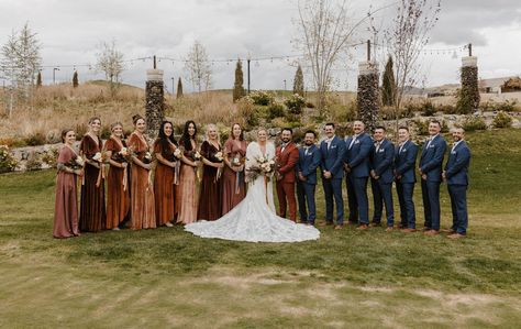 burgundy and navy wedding colors on the bridal party Navy Blue Copper Wedding Bridesmaid Dresses, Rust Wedding Bridesmaid Dresses, Terracotta And Navy Wedding Bridesmaid Dress, November Wedding Bridal Party, Wedding Rust And Navy, Brown And Navy Wedding Colors, Burnt Orange And Navy Wedding Party, Navy And Burgundy Wedding Party, October Wedding Bridal Party