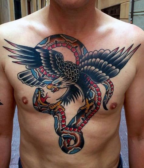 Chest Tattoo Designs For Men, Traditional Chest Tattoo, Eagle Chest Tattoo, Traditional Eagle Tattoo, Traditional Snake Tattoo, Traditional Chest, Old School Ink, Tattoo Chest, Torso Tattoos