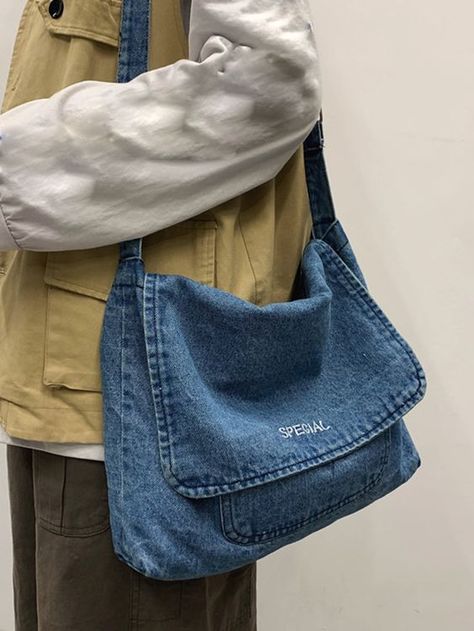 Letter Embroidered Flap Denim Hobo Bag #jeansbagdiy #jeansbagdiyfreepattern #jeansbagdiyhowtomake Jean Bags Ideas, Denim Crossbody Bag Diy, Denim Bags From Jeans Diy, Jean Bag Diy, Denim Bag Outfit, Bag From Jeans, Jeans Bag Diy, Jeans Bags Ideas, Jean Upcycle