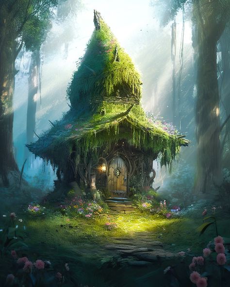 Fantasy hut created with Midjourney Rainforest Art, Fantasy Forest, House Illustration, Character Home, Fantasy House, Game Ideas, Forest House, Forest Landscape, Fantasy Illustration