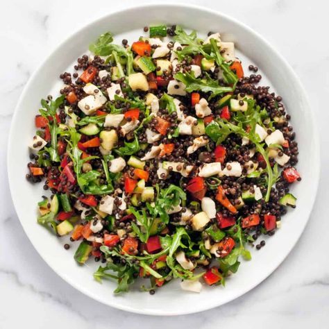 Grilled Halloumi Black Lentil Salad with Zucchini | Last Ingredient Black Lentil Salad, Salad With Zucchini, Lentils Soup, Roasted Broccolini, Black Lentils, Vegan Lentil Soup, Veggie Skewers, Grilled Halloumi, Farro Salad