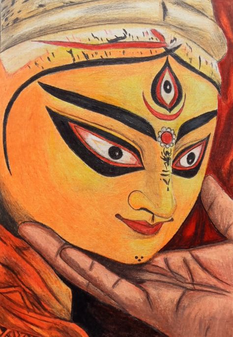 Drawing For Durga Puja, Durga Puja Drawing Ideas, Durga Maa Paintings Face, Maa Durga Portrait, Durga Ji Drawing, Durga Maa Paintings Easy, Durga Devi Drawing, Durga Painting Artworks, Navratri Painting Ideas