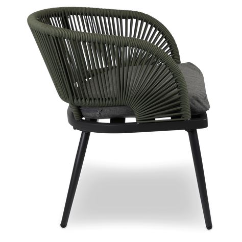 Product Details Introducing the Santa Monica Dining Collection! The Santa Monica Dining Chair redefines outdoor dining with a perfect blend of style, comfort, and functionality. Designed with meticulous attention to detail, the Santa Monica Dining Chairs mirror the allure of their lounge counterparts. The trending Olive influenced Bonsai Green Olefin rope is expertly woven, creating an intricate pattern that adds depth and character to each chair. Paired with the sleek gunmetal aluminium frames, Upstairs Deck, Rope Chair, Outdoor Dining Chair, Metal Furniture Design, Metal Furniture, Furniture Covers, Outdoor Dining Chairs, Outdoor Style, Occasional Chairs