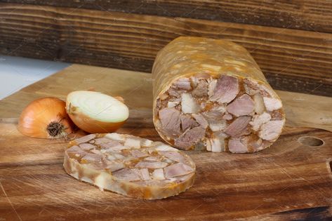 Home made head cheese with onion by 1miromiro on @creativemarket Hog Head Cheese Recipe, Hog's Head Cheese, Head Cheese, Cheese Packaging, Lunch Meat Recipes, Czech Recipes, Cheese Tasting, Flavored Bacon, Pickled Veggies