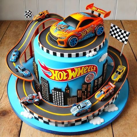 Cake Hot Wheels Birthday, Hot Wheels Birthday Party Cake, Hot Wheel Cake Ideas, Hot Wheels Bday Party Ideas, Birthday Cake 6 Boy, Birthday Cake 5 Boy, Cake With Cars Boys, Hot Wheel Theme Birthday Party, Boys 5th Birthday Cake