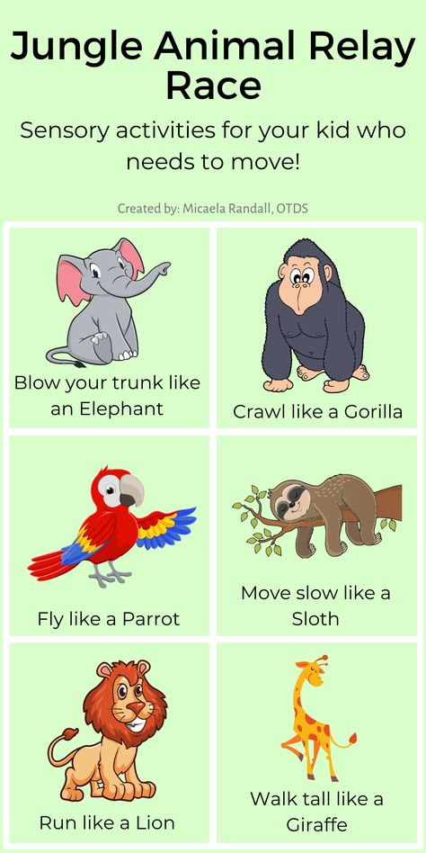 Need a brain break for your students? Trying to work with a Sensory kiddo? Have a child that never seems to lack energy? Try doing a relay race or an imitation game where each child acts like an animal: hop, crawl, fly, run,slither, jump! Just 5 minutes might make a huge difference. #teacher #students #therapy #intervention #activity #animal #kids #sensory #proprioception #vestibular #brainbreak #movement Animal Large Motor Activities, Jungle Themed Gross Motor Activities, Zoo Movement Activities Preschool, Zoo Camp Activities, Safari Outdoor Activities, Walk Like An Animal Activity, Safari Science Activities Preschool, Zoo Animal Gross Motor Activities, Rainforest Gross Motor Activities