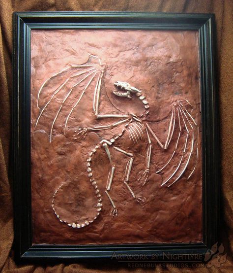 Drakeling Fossil Sculpture by Nightlyre Steampunk Classroom, Dragon Fossil, Dragon Skeleton, Fossil Art, Larp Props, Skull Reference, Tiny Dragon, Glue Art, Stone Wall Art