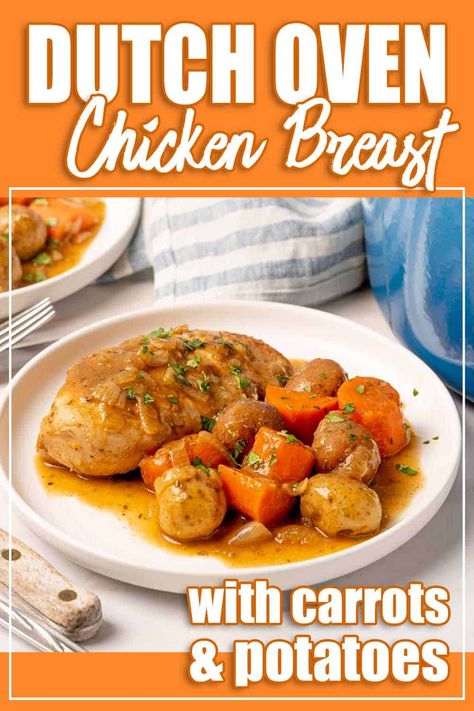 This is an easy and comforting chicken breast dinner cooked in a Dutch oven. You only need 10 basic ingredients and about 45 minutes total. Chicken breasts are browned in butter, then finished in the oven with a simple gravy, plus baby potatoes, carrots and onions! Ditch Oven Chicken Recipe, Instant Pot Dutch Oven Chicken Recipes, Chicken And Potatoes Dutch Oven, Dutch Oven Chicken And Potatoes, Winter Dutch Oven Recipes, Dutch Oven Recipes Dinners Chicken, Chicken Breast Dutch Oven Recipes, Chicken Breast Dutch Oven, Chicken Dutch Oven Recipes