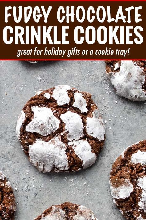 Fudgy and moist, these Chocolate Crinkle Cookies are a wonderful combination of cookies and brownies, and all with that classic crackly top that makes them a favorite for Christmas baking! #cookies #crinkle #Christmas #cookietray #chocolate #brownie #baking #dessertrecipe #cookierecipe #holidaybaking Chocolate Crinkle Cookie Recipe, Chocolate Crinkle Cookie, Chocolate Crinkle Cookies Recipe, Chunky Chef, Crinkle Cookies Recipe, Chocolate Crinkle, Cookie Boxes, Chocolate Crinkle Cookies, Chocolate Crinkles