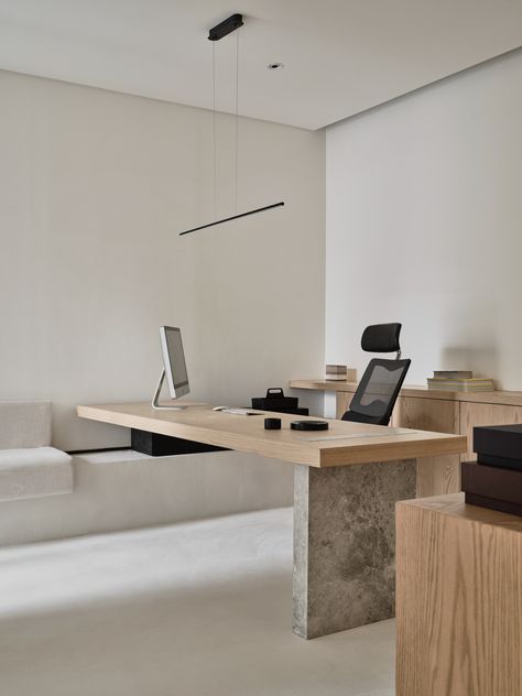 Minimal Home Office Design, Modern Home Office Design Minimalist, Minimalist Small Office, Small Minimalist Office, Marble Desk Office, Minimal Office Interior Design, Architecture Office Interior Design, Minimal Office Interior, Office Minimalist Design