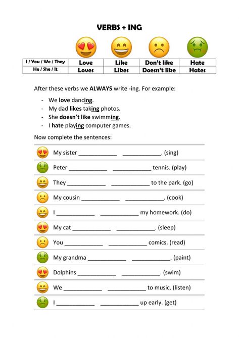 Like -ing - Interactive worksheet Gerund Exercises, Esl Worksheets For Beginners, English Language Learning Activities, Teaching Vowels, English Homework, Ing Words, Grammar For Kids, Lose Thigh Fat, Verb Worksheets