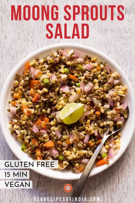 Searching for a quick and easy salad? Try this moong sprouts salad! There are so many possibilities for this healthy salad that you can make it over and over and find different ways to cook the sprouts or add different toppings to it to keep it interesting. This recipe is vegan, gluten free and extremely easy to make. #vegan #glutenfree #healthy #Indianfood #dinner #recipes Healthy Morning Breakfast Recipes, Moong Sprouts, Veg Salad Recipes, Bean Sprout Salad, Veg Recipes Of India, Morning Recipes Breakfast, Healthy Indian Recipes, Sprouts Salad, Sprout Recipes