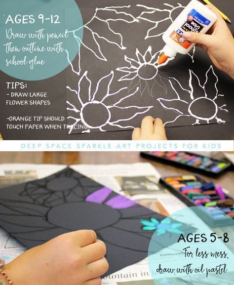 Easy chalk flowers art project for kids age 5-12. Connect art project with Vincent Van Gogh art unit Chalk Flowers, Classe D'art, Deep Space Sparkle, Art Project For Kids, 4th Grade Art, 3rd Grade Art, Hemma Diy, Project For Kids, Ecole Art