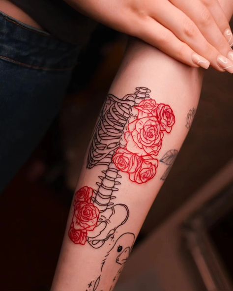 Black and red skeleton flower arm tattoo Black And Red Skeleton Tattoo, Red Ink Sleeve Tattoos For Women, Red And Black Tattoo Patchwork, Black And Red Floral Tattoo, Black And Red Sleeve Tattoo Women, Black And Red Patchwork Tattoo Sleeve, Red Black Tattoo Ideas, Red Ink Sleeve Tattoo, Black And Red Sleeve Tattoo