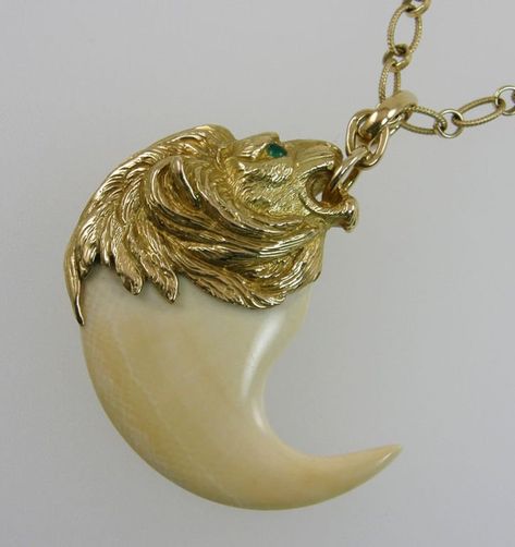 French marked, with unknown French maker mark, gorgeous lion pendant with emerald eyes and ivory carved into a lion claw. Lion Claw Necklace, Lion Teeth Pendant, Lion Teeth, Lion Jewellery, Lion Claw, Gold Pendants For Men, Lion Jewelry, Antique Necklaces, Claw Necklace