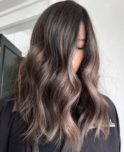 Soft Warm and Cool Ash Brown Hair Ash Brown Money Piece, Brown Money Piece, Cool Ash Brown Hair, Dark Ash Hair Color, Brown Hair Color Styles, Ash Brown Hair Color Ideas, Ash Brown Hair With Highlights, Ash Brown Hair Dye, Medium Ash Brown Hair