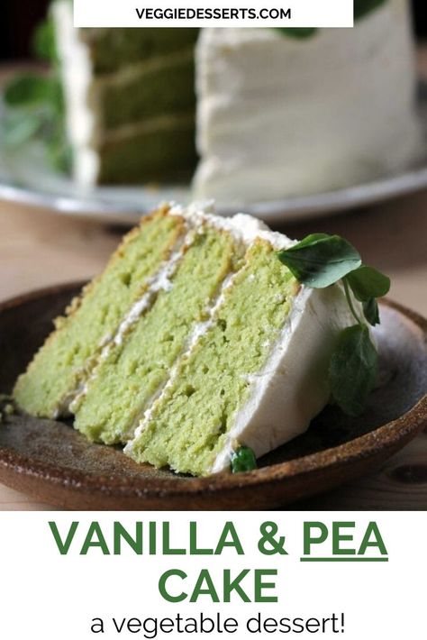 This Sweet Vanilla Pea Cake tastes like a vanilla cake, but it's green! The flavor of the peas fades away in this vegetable cake. It's topped with a zingy lemon frosting and a halo of pea shoots for decoration. Pea Cake, Avocado Cake, Vegetable Cake, Matcha Cake, Lemon Frosting, Lime Cake, Lemon Icing, Lemon Buttercream, Warm Cake