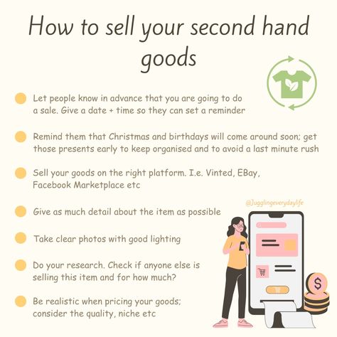 Thinking to make some extra money? 💰 here are my top tips on how to sell your second hand goods on platforms such as vinted, ebay and facebook market place. Follow my tips and you will be sure to make a sale 👍🏼 click the link for more info - #budget #makemoneyonline #research #sale #selling #sidehustlesuccess #secondhand #organised #declutter #ebayseller #facebookmarketingtips #vinted #moneymaker Vinted Tips, Things To Make And Sell, Ebay Reinstatement, Reselling Clothes, Extra Money Online, Make Money Online Free, Market Place, Money Maker, Ebay Seller