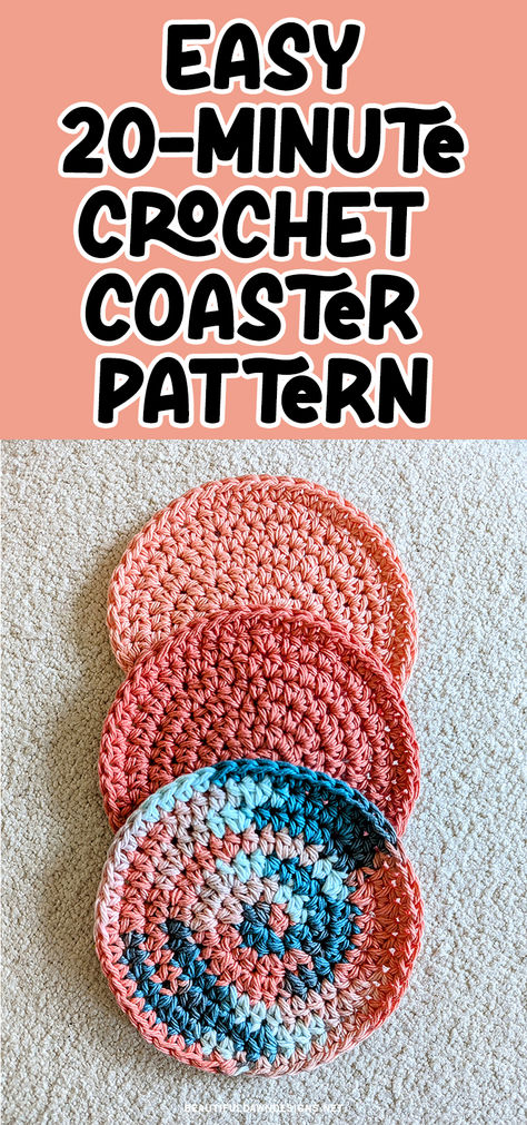 If you’re in the mood to crochet and want to make something super quick, you’ll love this easy crochet coaster pattern. You can make one of these coasters in just 20 minutes! These coasters make a great last-minute gift. Pair them with a mug, and you’ve got an amazing and thoughtful gift for friends and family. Free Crochet Animal Coaster Patterns, Circle Coaster Crochet Pattern, Crochet Round Coasters Free Pattern, Fast Crochet Projects Free Pattern, Free Crochet Pattern For Coasters, Round Crochet Coasters, Simple Crochet Coasters Free Pattern, Crochet Coasters Easy, Easy Crochet Gifts For Friends