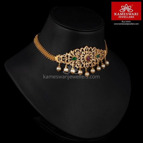 Kameswari Jewellers, Gold Jhumka Earrings, Choker Necklace Designs, Ladies Necklace, Choker Designs, Gold Earrings Wedding, Gold Jewelry Simple Necklace, Jewellery Wedding, Gold Necklace Indian Bridal Jewelry