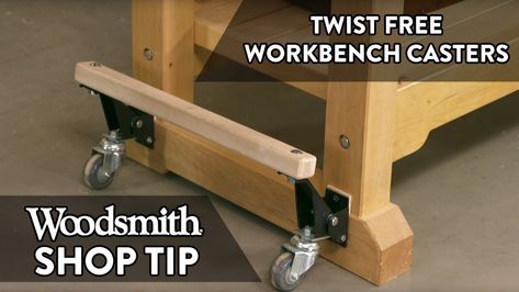 Logan shares a way to use workbench casters without causing your bench frame to rack or twist. Retractable Casters Table Saw, Diy Garage Plans, Workbench On Wheels, Retractable Casters, Workbench Casters, Workbench Ideas, Work Tables, Mobile Workbench, Woodworking Lathe